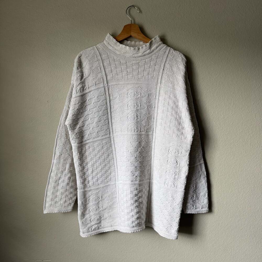 Vintage Sweetbriar USA Textured Knit Mock Neck Sweater White 100% Cotton Size M
